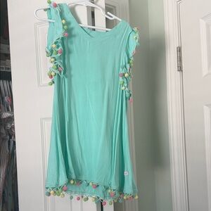 Rufflebutts Aqua Dress with Colorful Pom-Poms